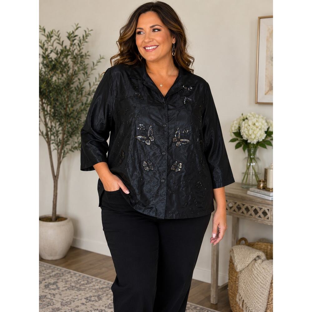 The Quacker Factory 2X Black Beaded Sequin Butterfly Button Shimmer Top Plus